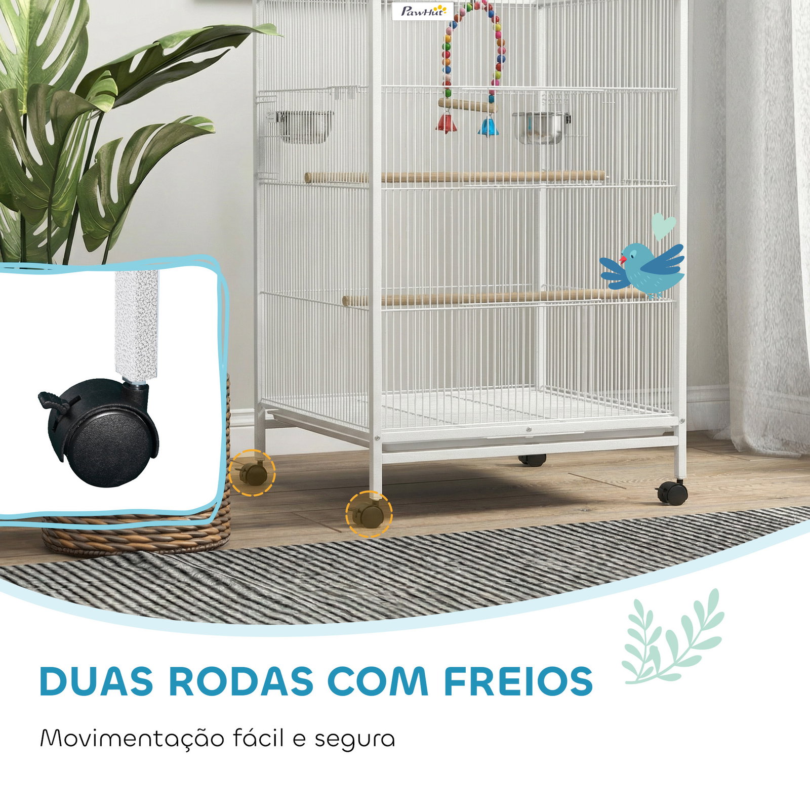 Gaiola para pássaros com rodas poleiros baloiço bandeja removível e tigelas de aço inoxidável 48x46x78 cm branco