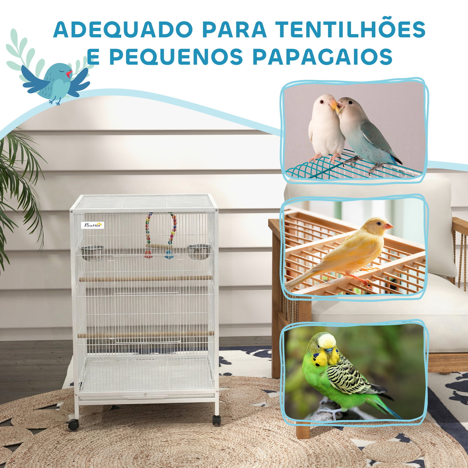 Gaiola para pássaros com rodas poleiros baloiço bandeja removível e tigelas de aço inoxidável 48x46x78 cm branco