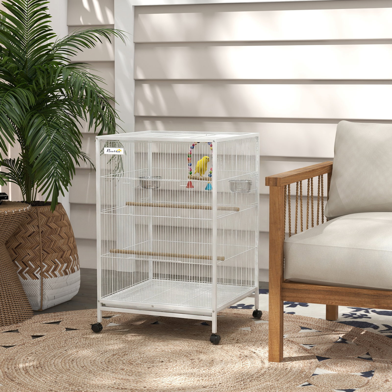 Gaiola para pássaros com rodas poleiros baloiço bandeja removível e tigelas de aço inoxidável 48x46x78 cm branco