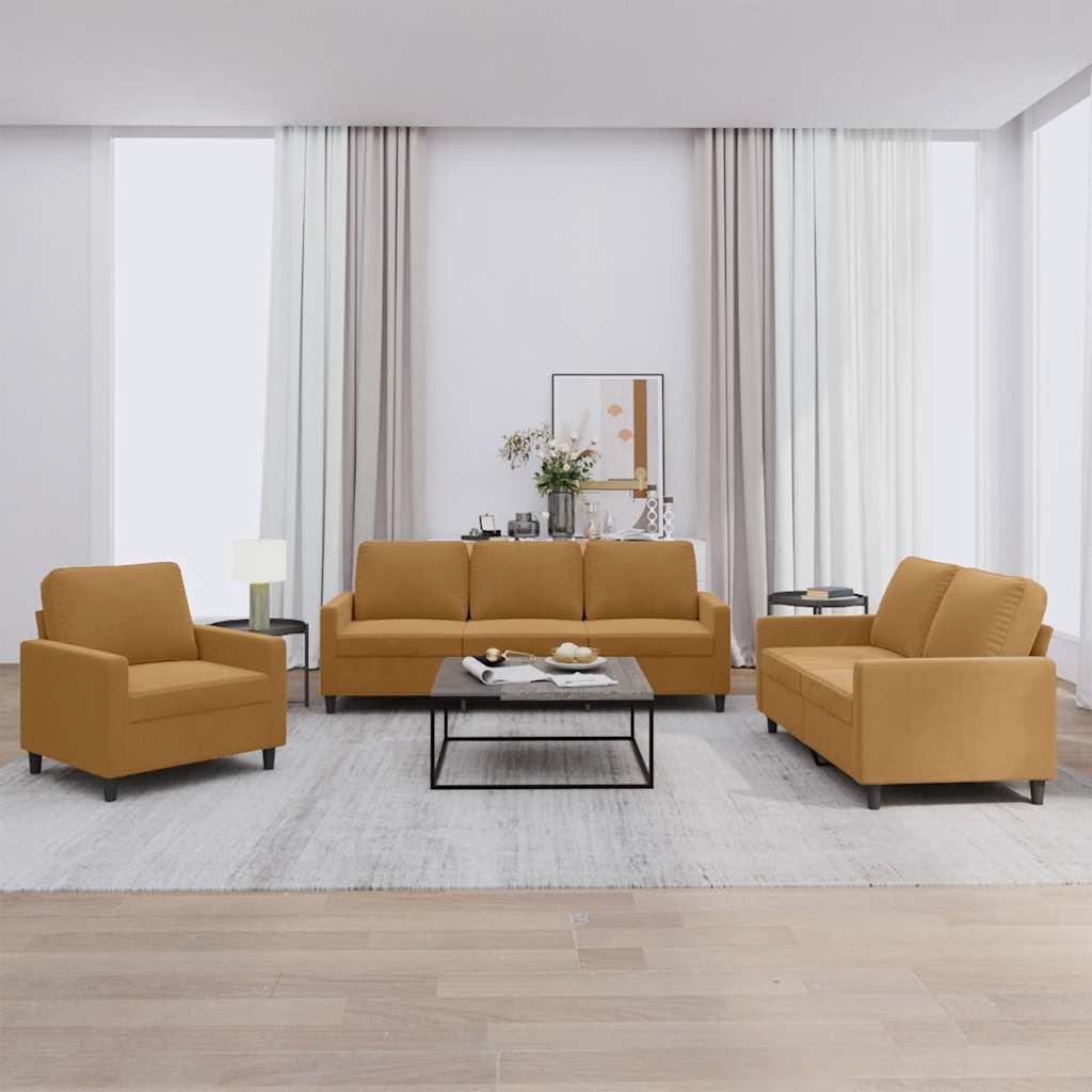 3 Pcs conjunto de sofás com almofadões veludo castanho