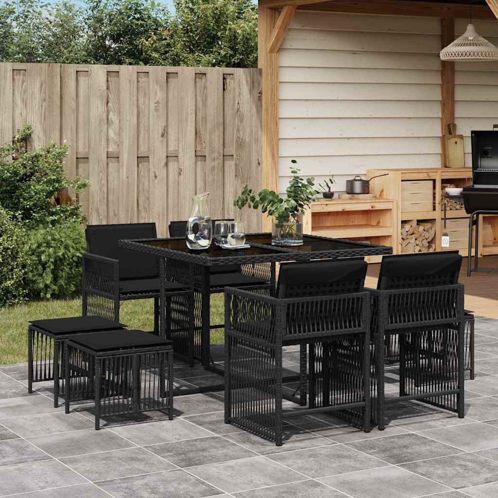9 Pcs conjunto de jantar p/ jardim c/ almofadões vime PE preto