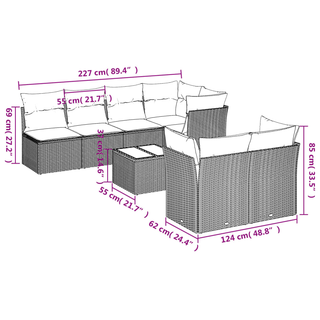 8 Pcs conjunto sofás de jardim com almofadões vime PE preto