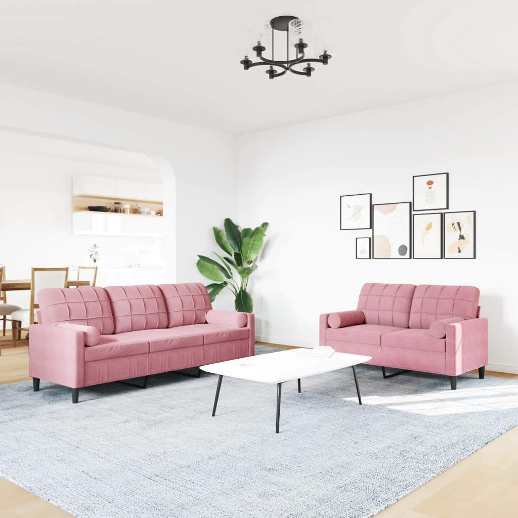 2 Pcs conjunto de sofás com almofadões e rolos veludo rosa