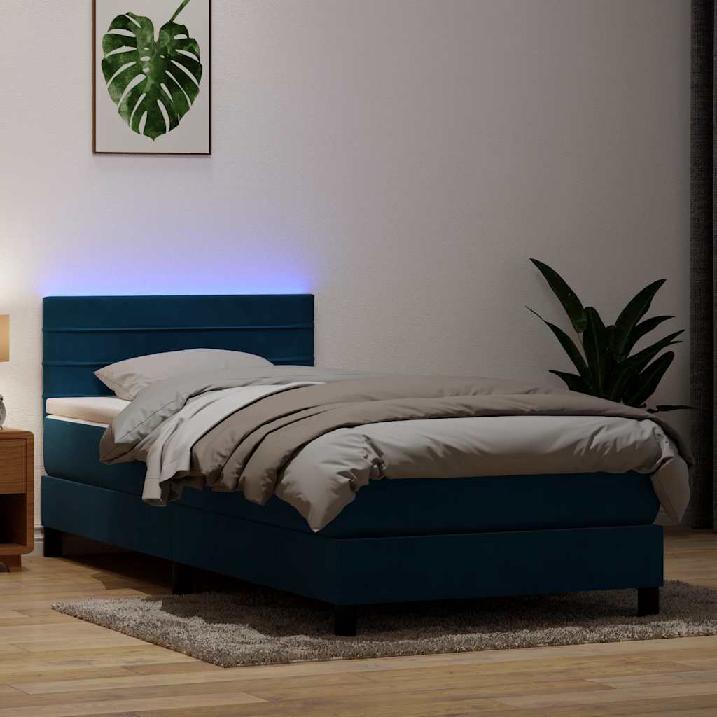Cama box spring c/ colchão e LED 80x220 cm veludo azul-escuro