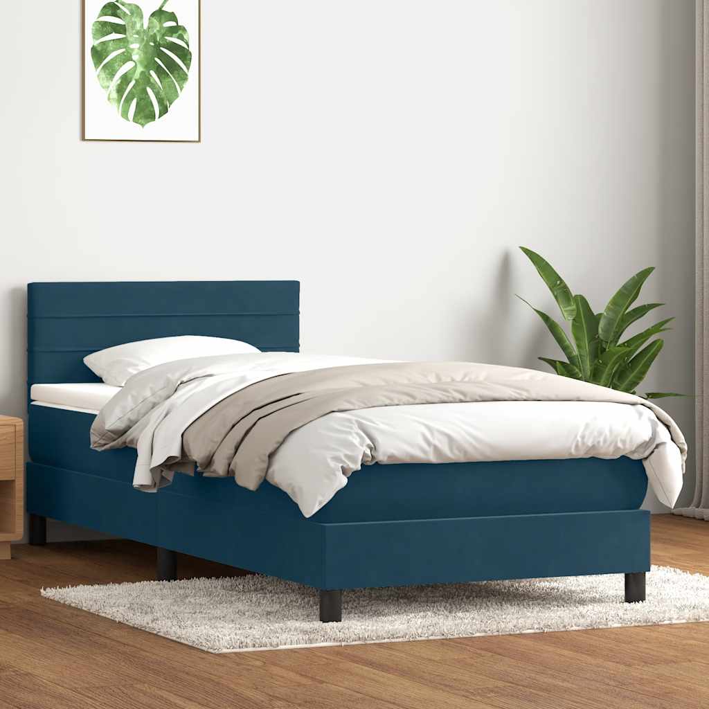 Cama box spring c/ colchão e LED 80x220 cm veludo azul-escuro