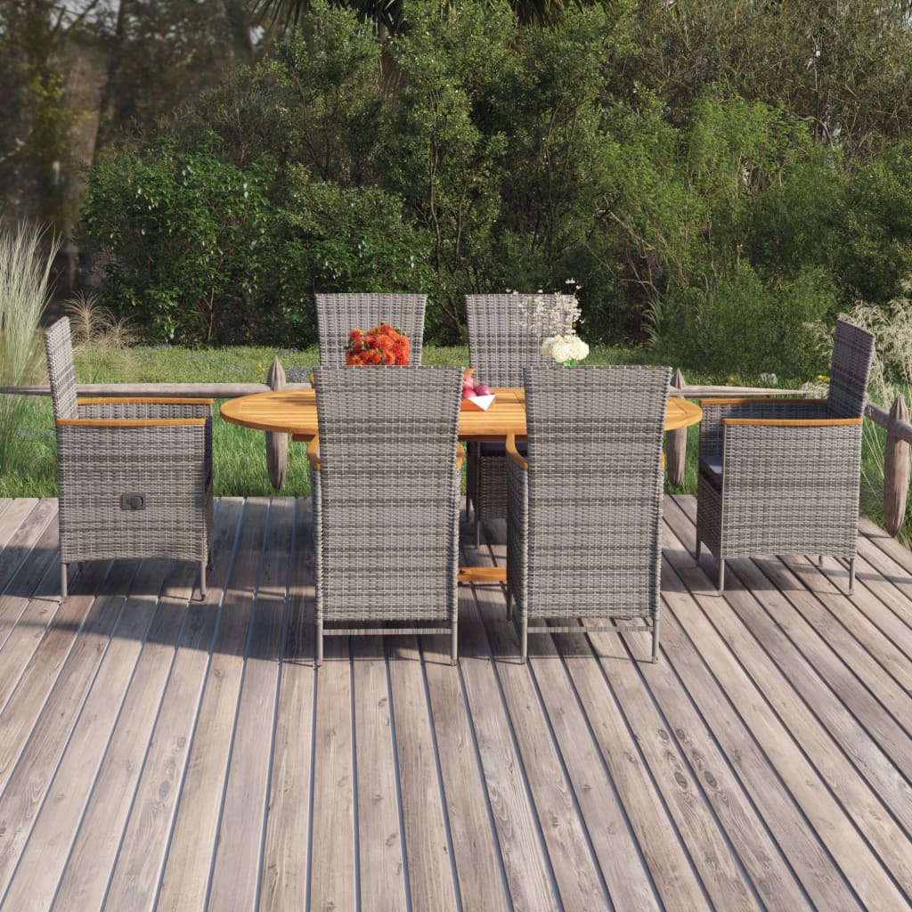 7 Pcs conjunto de jantar para jardim vime PE cinzento