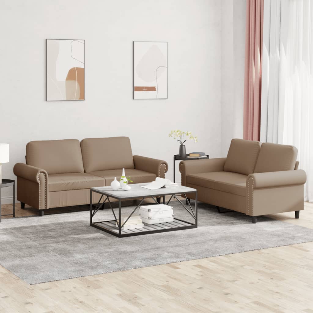 2 Pcs conjunto sofás c/ almofadões couro artif. cor cappuccino