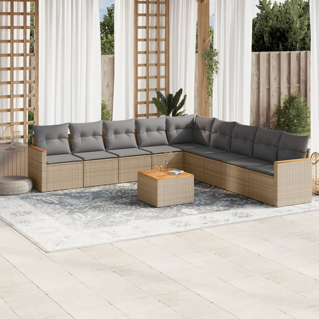 10 Pcs conjunto de sofás p/ jardim com almofadões vime PE bege