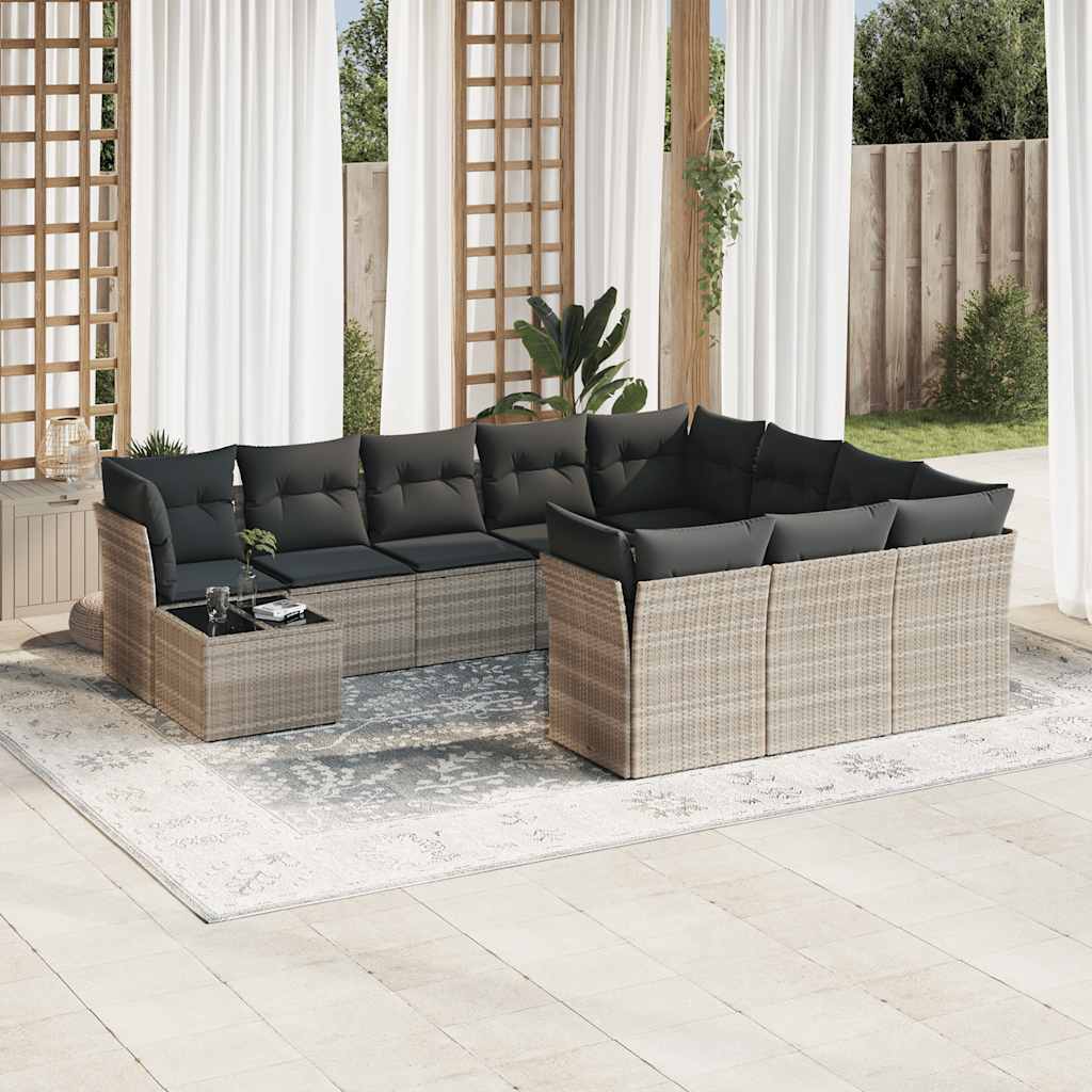 11 Pcs conjunto sofás de jardim c/ almofadões vime PE cinzento