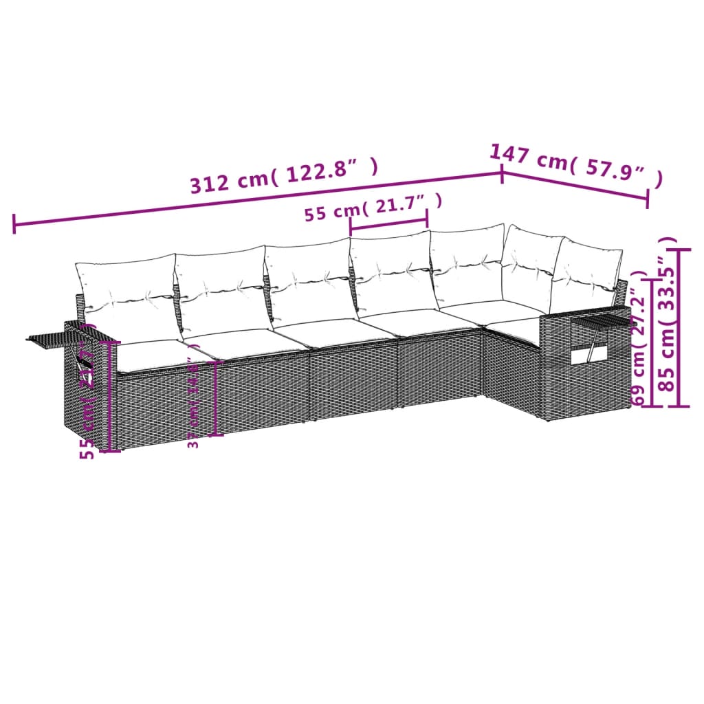 6 Pcs conjunto sofás de jardim c/ almofadões vime PE preto
