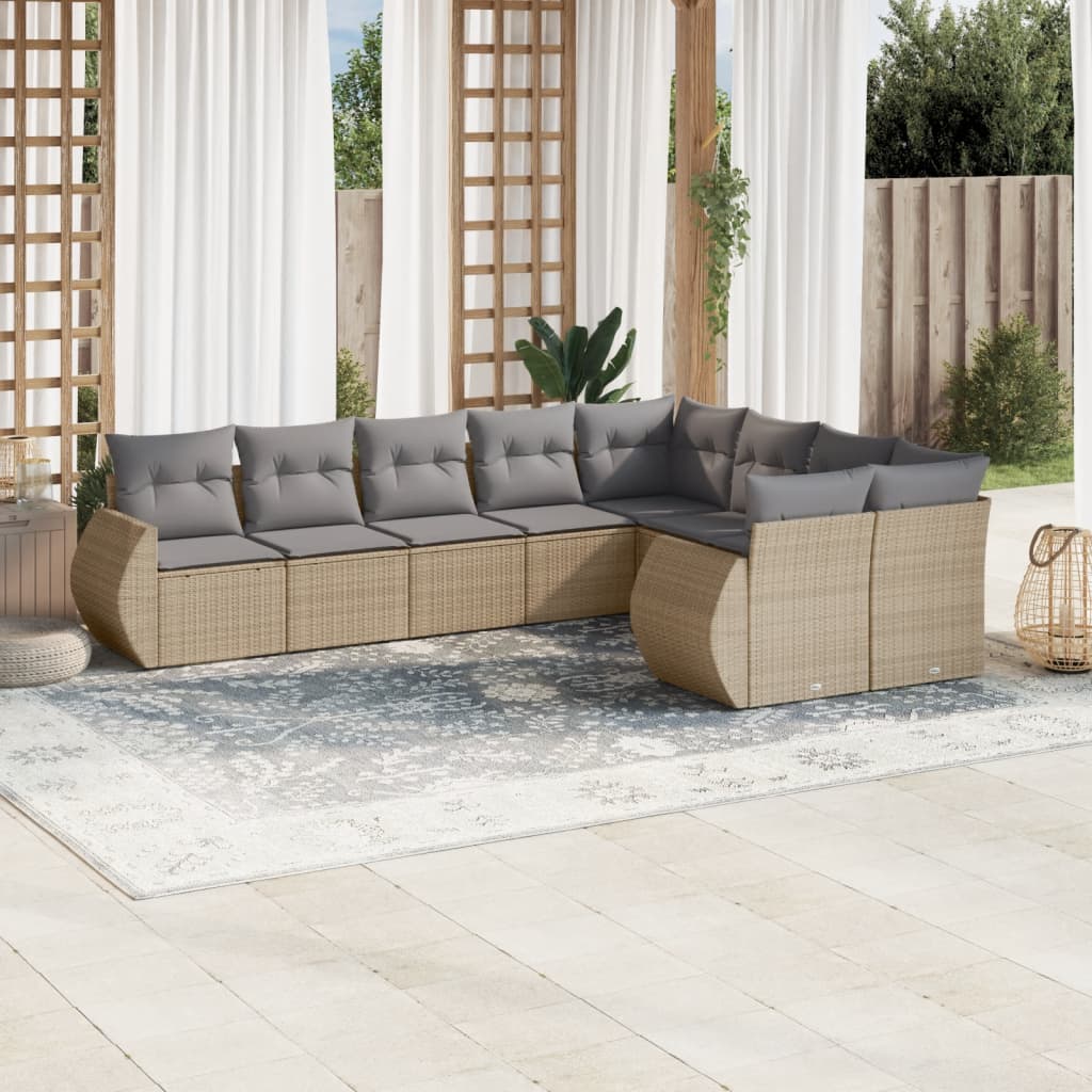 9 Pcs conjunto de sofás p/ jardim com almofadões vime PE bege