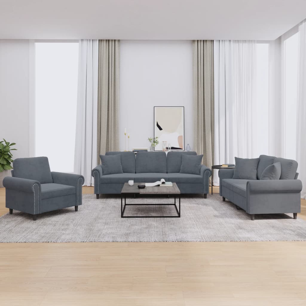 3 Pcs conjunto de sofás com almofadas veludo cinzento-escuro