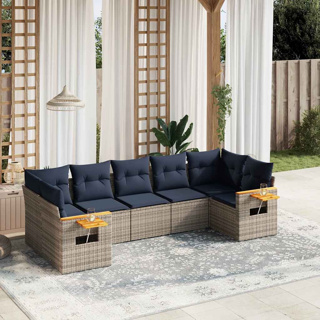 7 Pcs conjunto sofás p/ jardim c/ almofadões vime PE cinzento