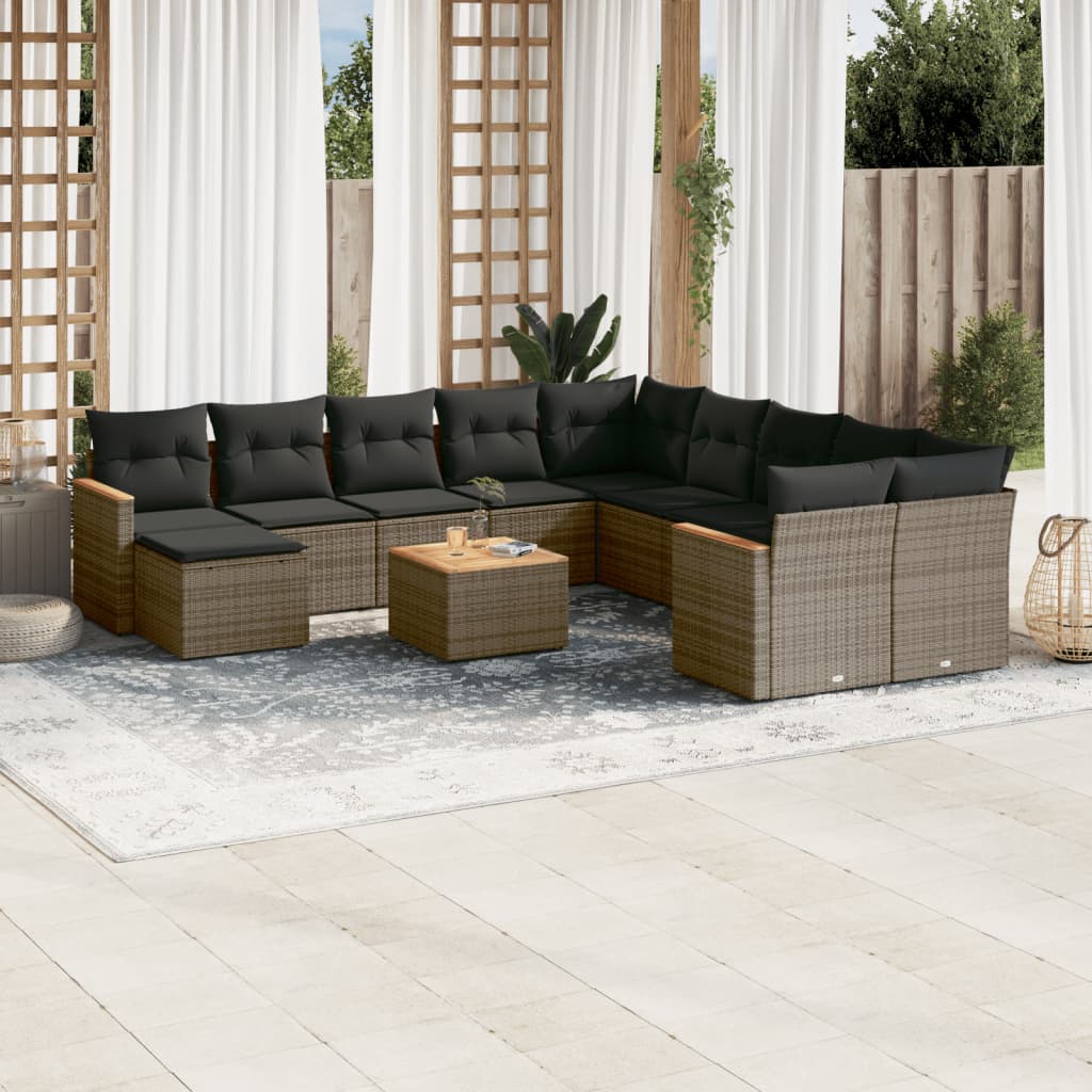 12 Pcs conjunto de sofás jardim c/ almofadões vime PE cinzento