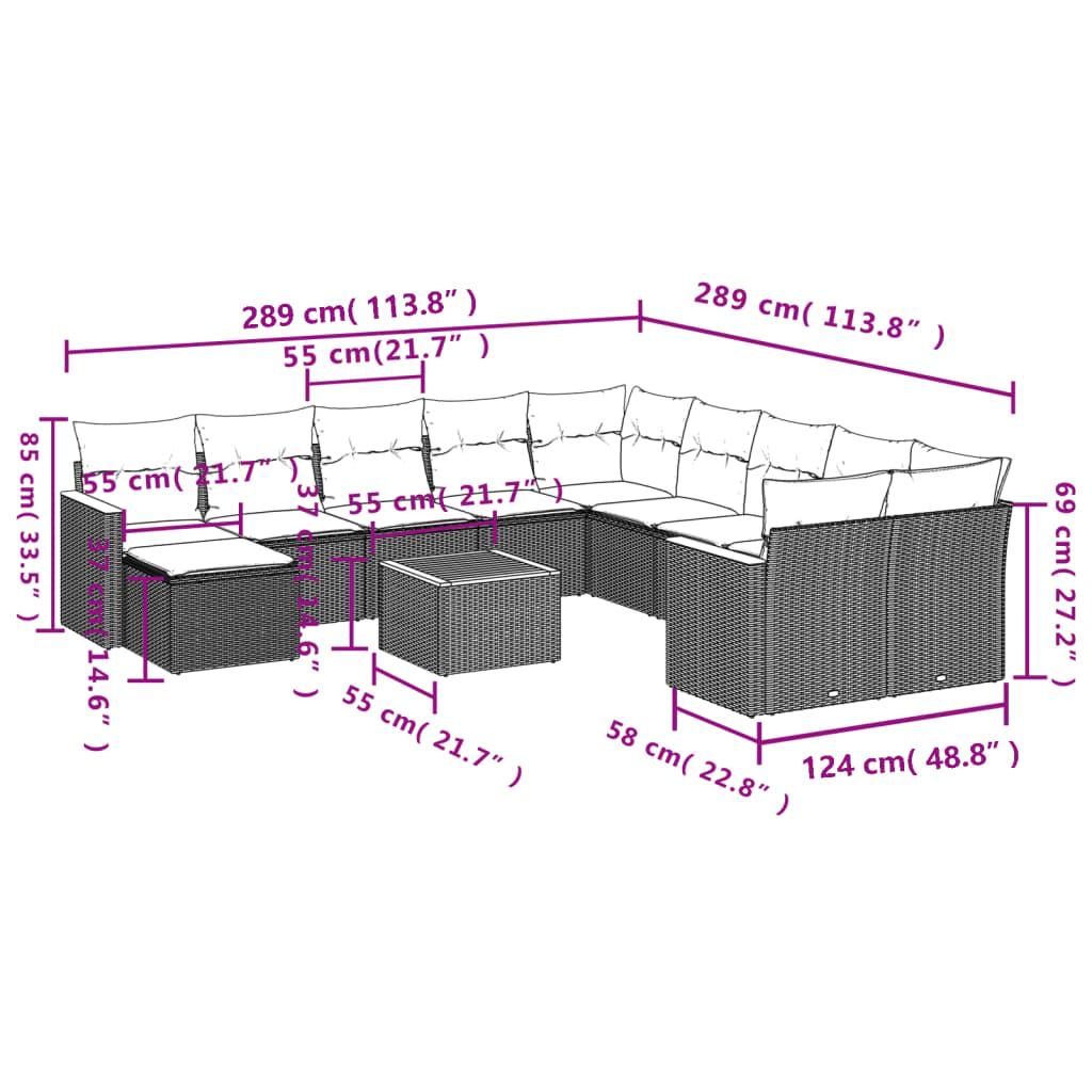 12 Pcs conjunto de sofás jardim c/ almofadões vime PE cinzento