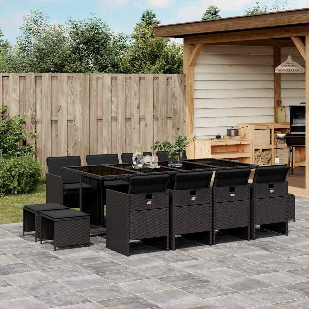 13 Pcs conjunto de jantar p/jardim com almofadões vime PE preto