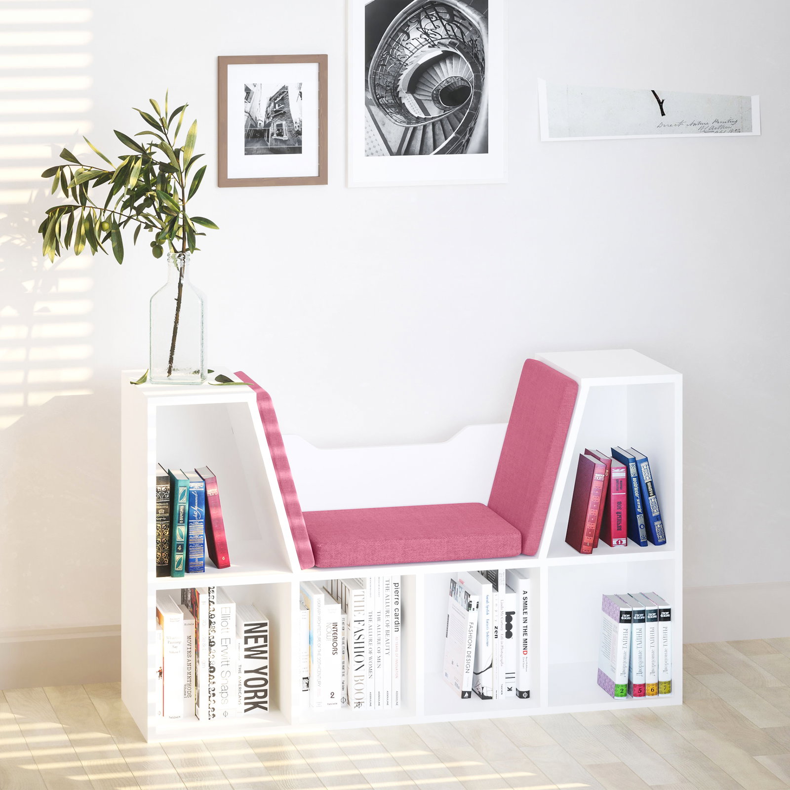 Estante infantil com assento estante com 6 cubos e banco com almofada 102x30x61cm branco e rosa
