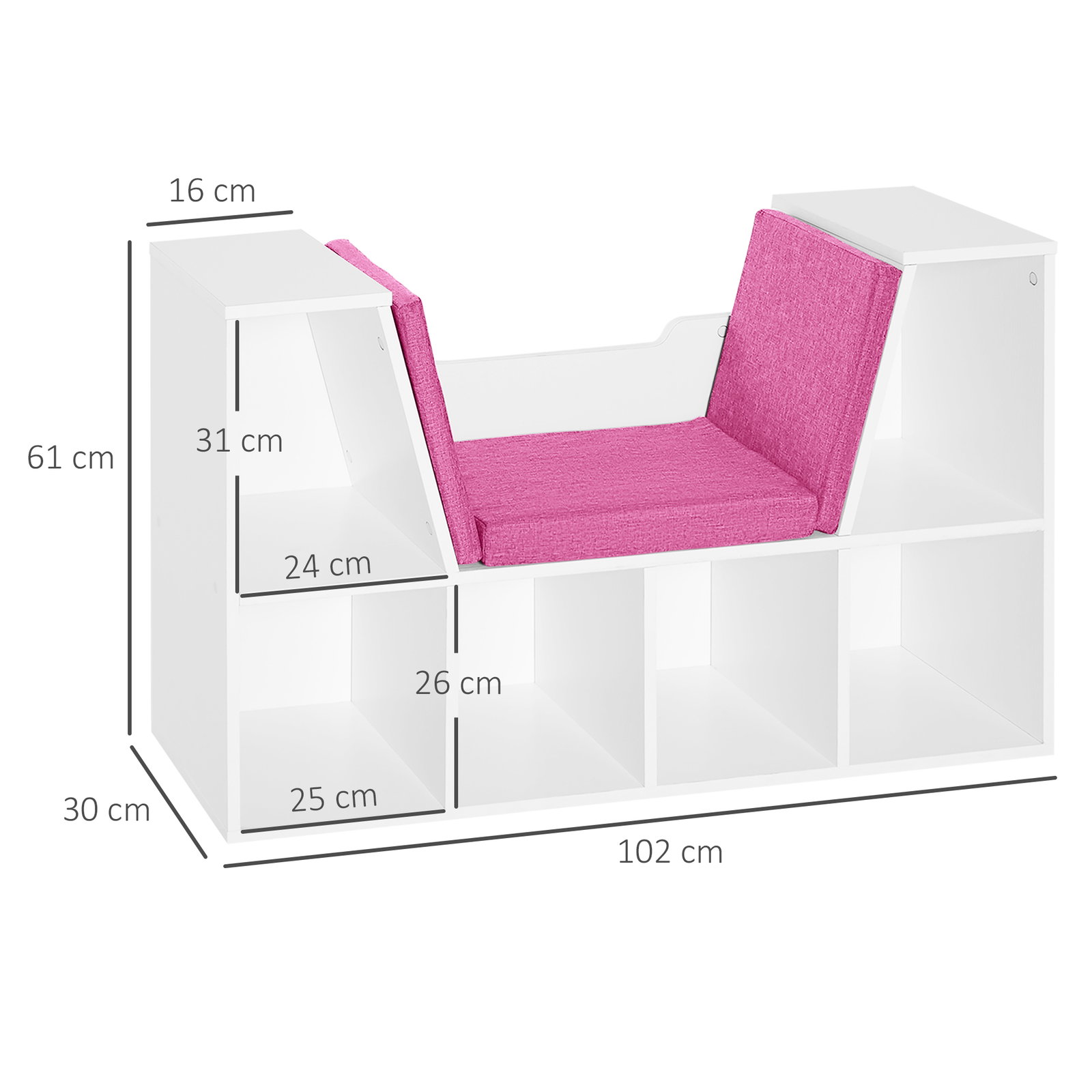 Estante infantil com assento estante com 6 cubos e banco com almofada 102x30x61cm branco e rosa