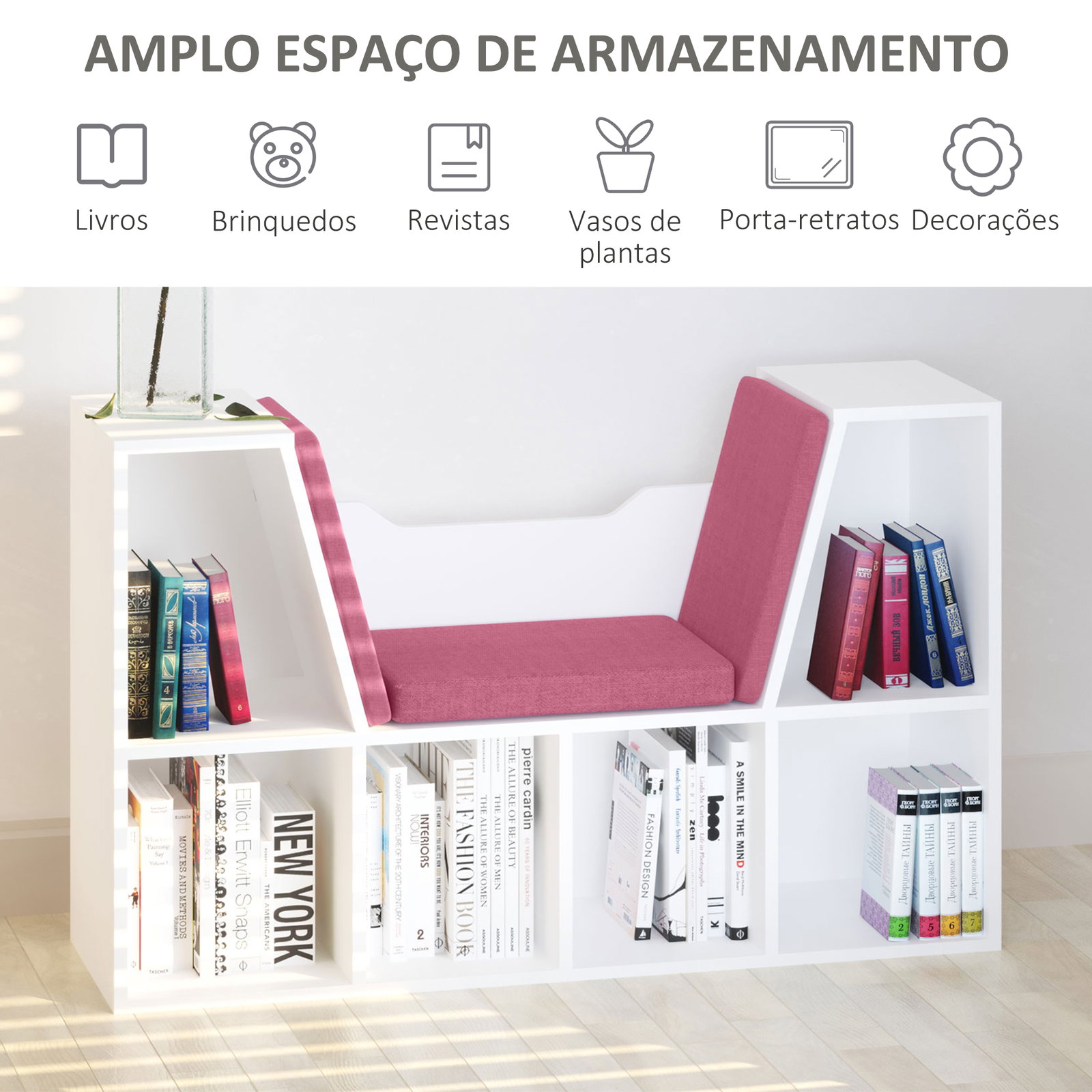 Estante infantil com assento estante com 6 cubos e banco com almofada 102x30x61cm branco e rosa