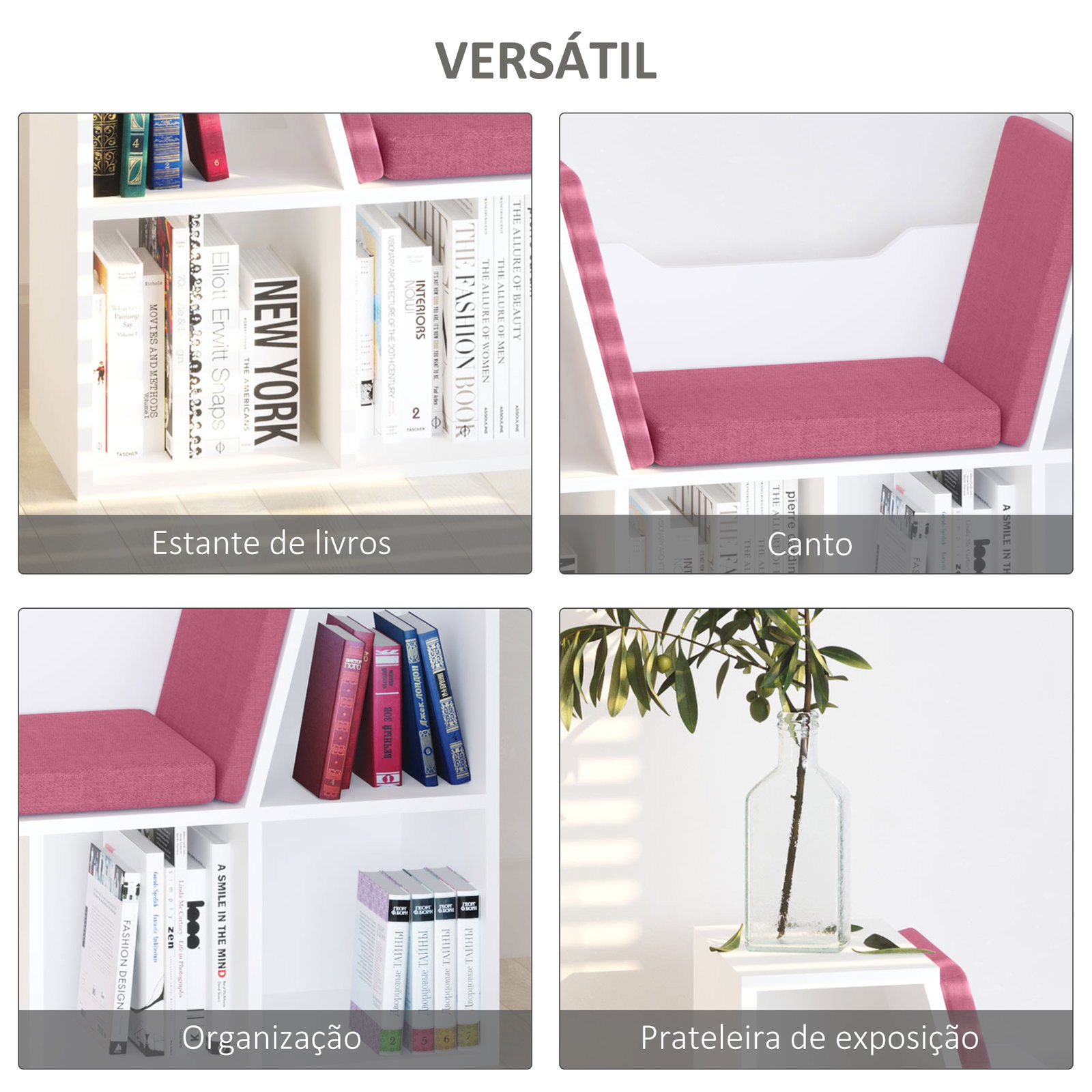Estante infantil com assento estante com 6 cubos e banco com almofada 102x30x61cm branco e rosa