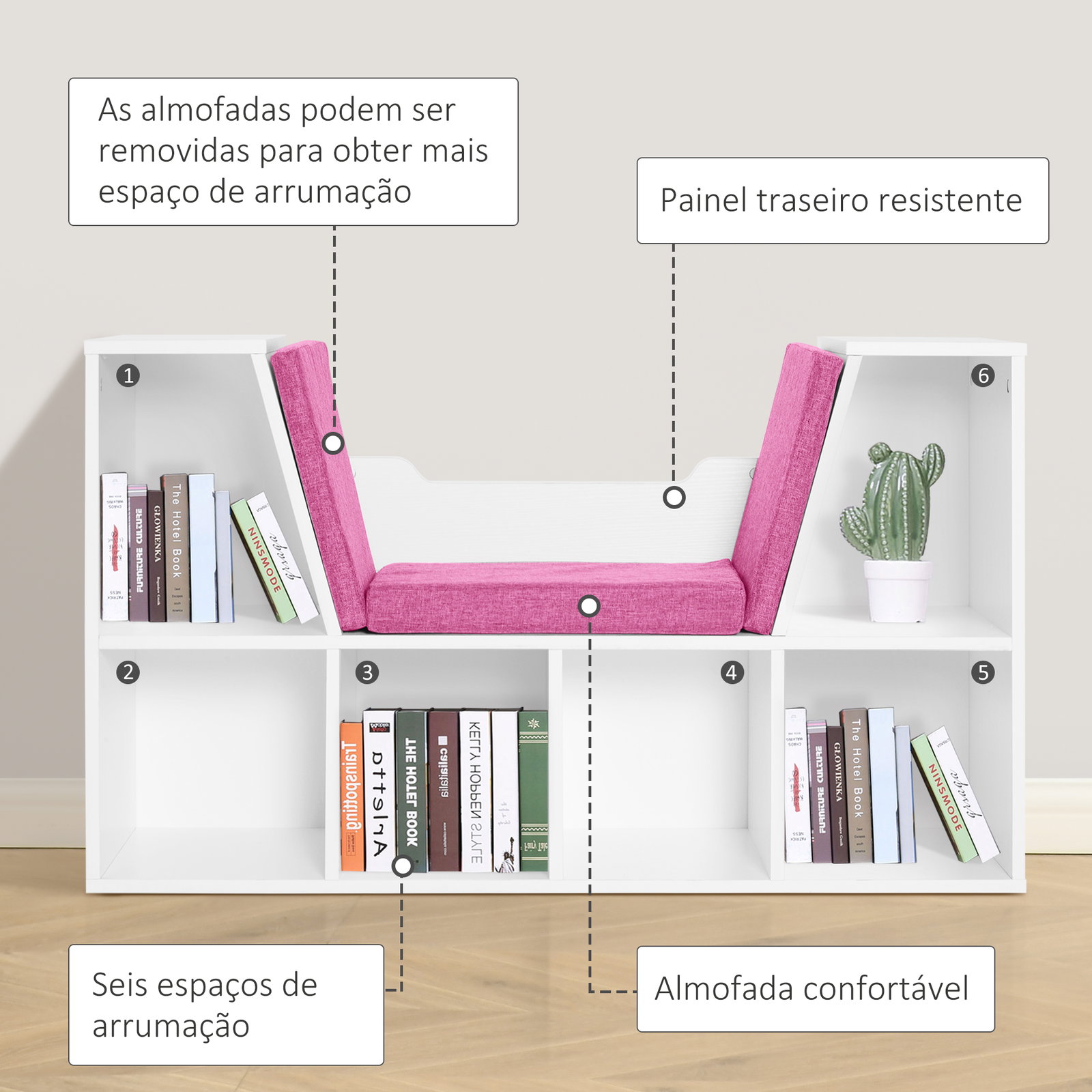 Estante infantil com assento estante com 6 cubos e banco com almofada 102x30x61cm branco e rosa