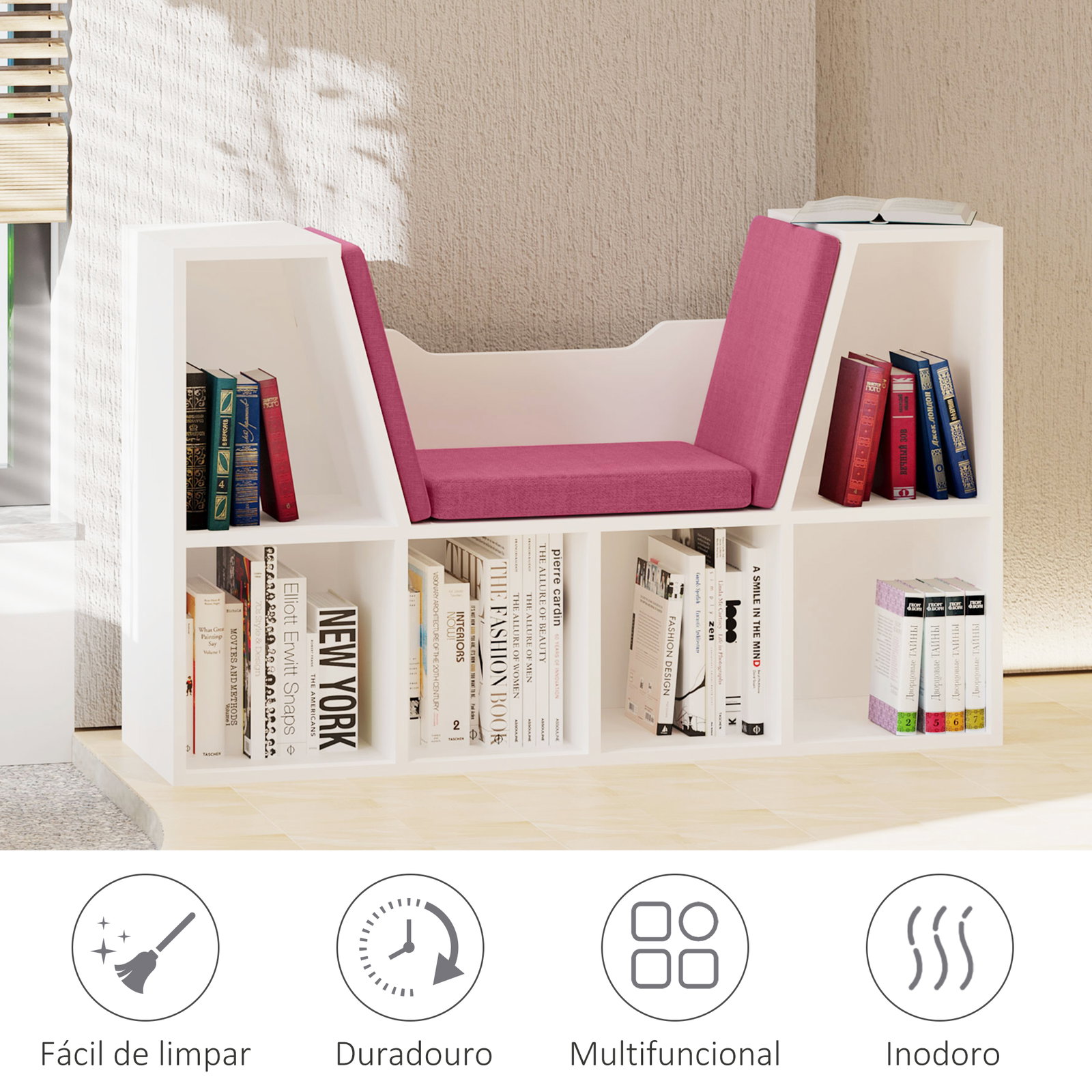 Estante infantil com assento estante com 6 cubos e banco com almofada 102x30x61cm branco e rosa