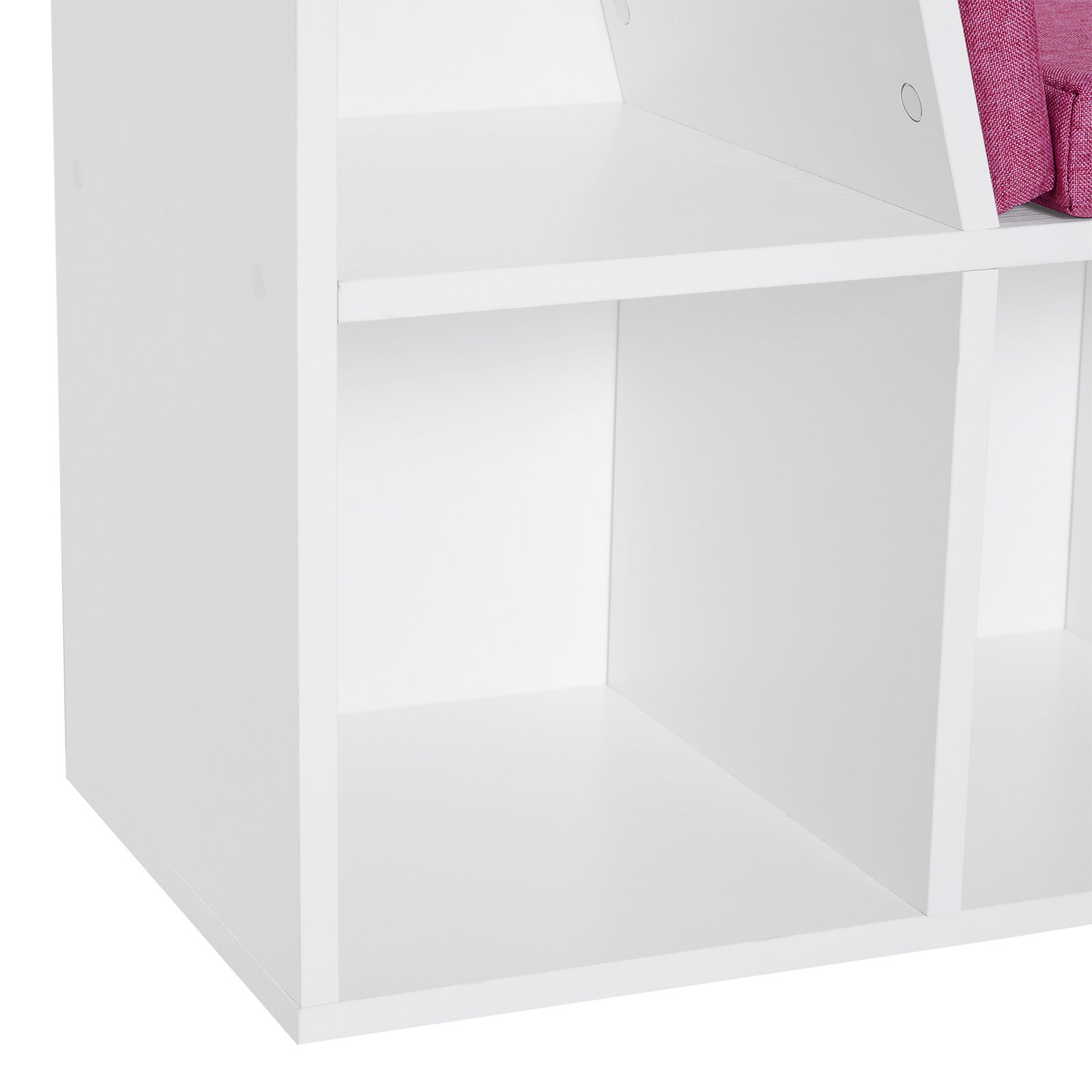 Estante infantil com assento estante com 6 cubos e banco com almofada 102x30x61cm branco e rosa
