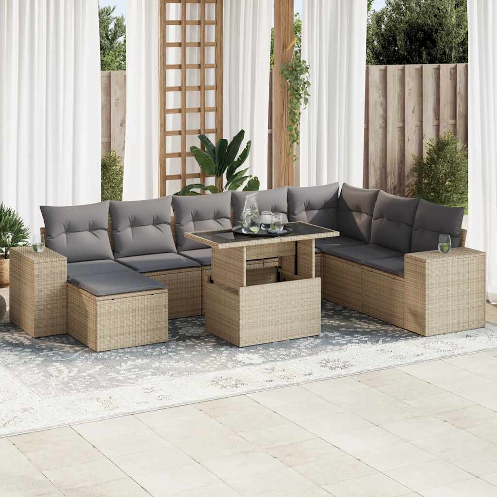 9 Pcs conjunto de sofás p/ jardim com almofadões vime PE bege