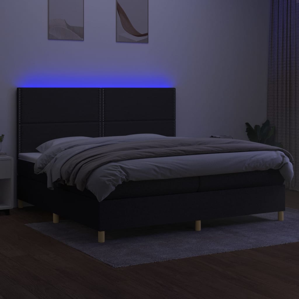 Cama box spring c/ colchão e LED 200x200 cm tecido preto