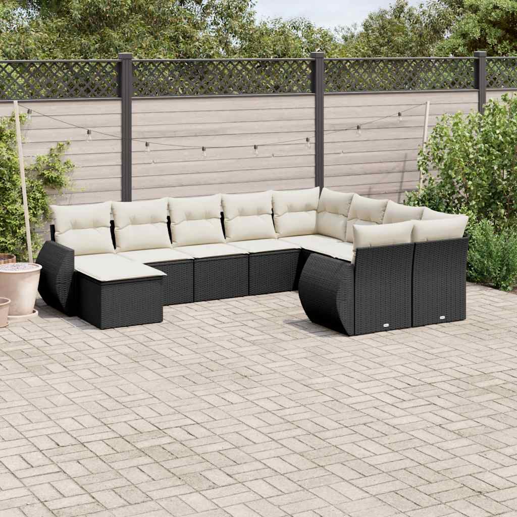 10 Pcs conjunto sofás de jardim c/ almofadões vime PE preto