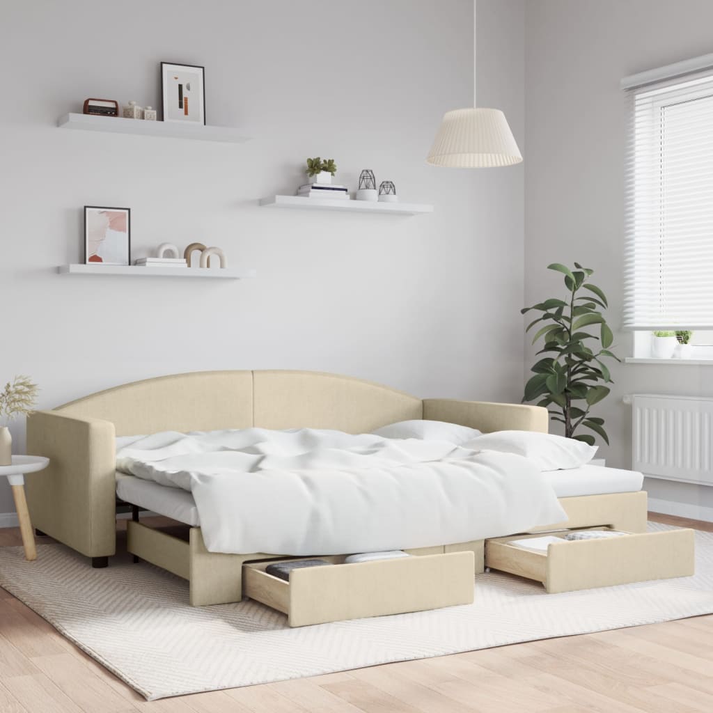 Sofá-cama com gavetão e gavetas 90x200 cm tecido cor creme