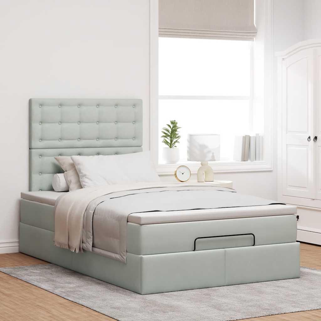 Estrutura de cama otomana com colchões cinza claro veludo
