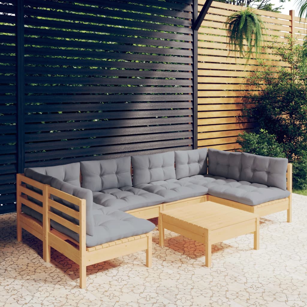 7 Pcs conjunto lounge de jardim + almofadões cinza pinho maciço