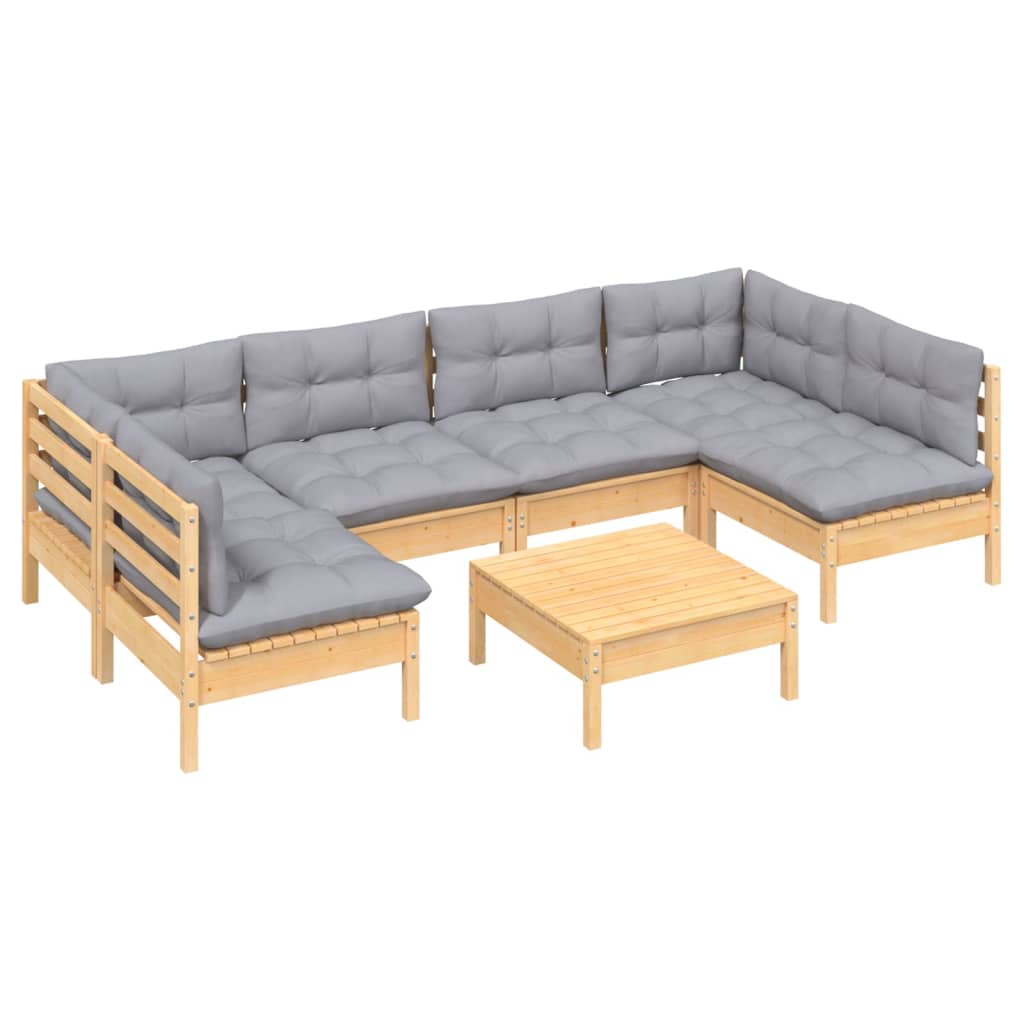 7 Pcs conjunto lounge de jardim + almofadões cinza pinho maciço