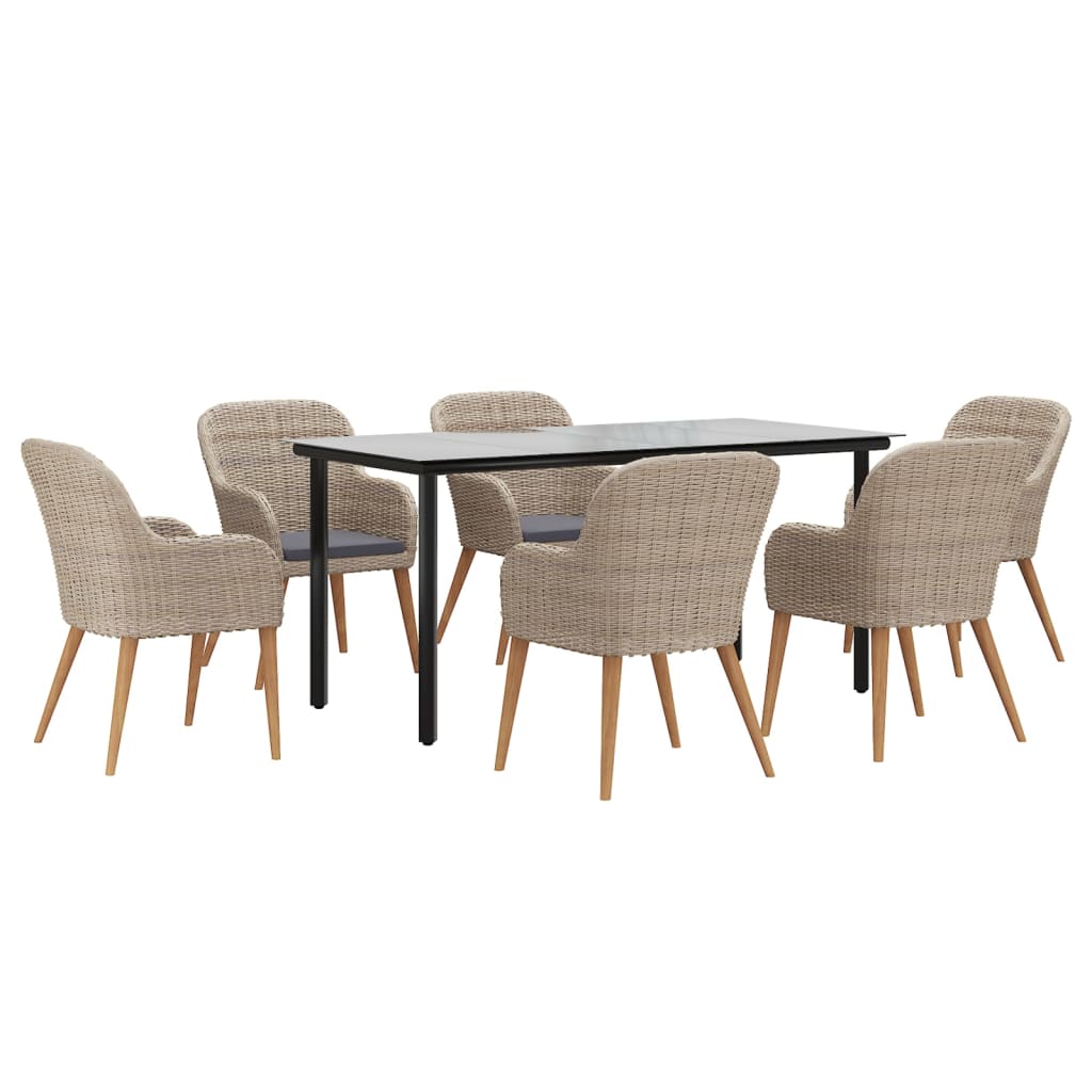 7 Pcs conjunto de jantar para jardim com almofadões castanho