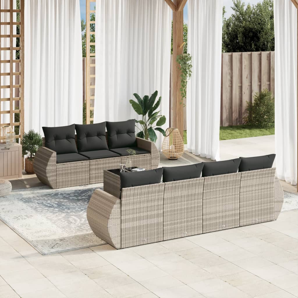 8 Pcs conj. sofás jardim c/ almofadões vime PE cinzento-claro
