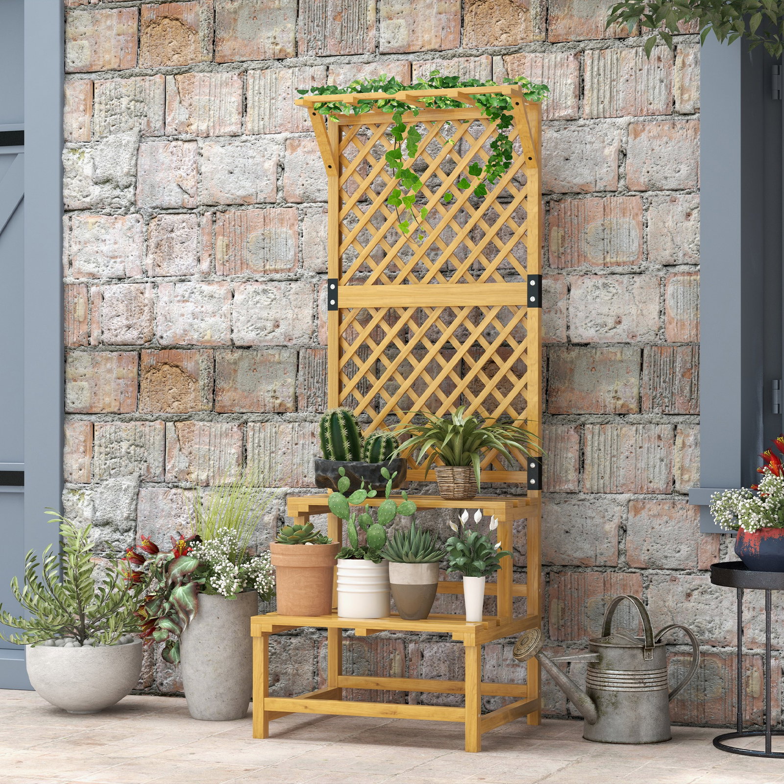 Suporte para plantas de madeira com treliça suporte para vasos de 2 níveis para jardim pátio 60x50x166 cm madeira