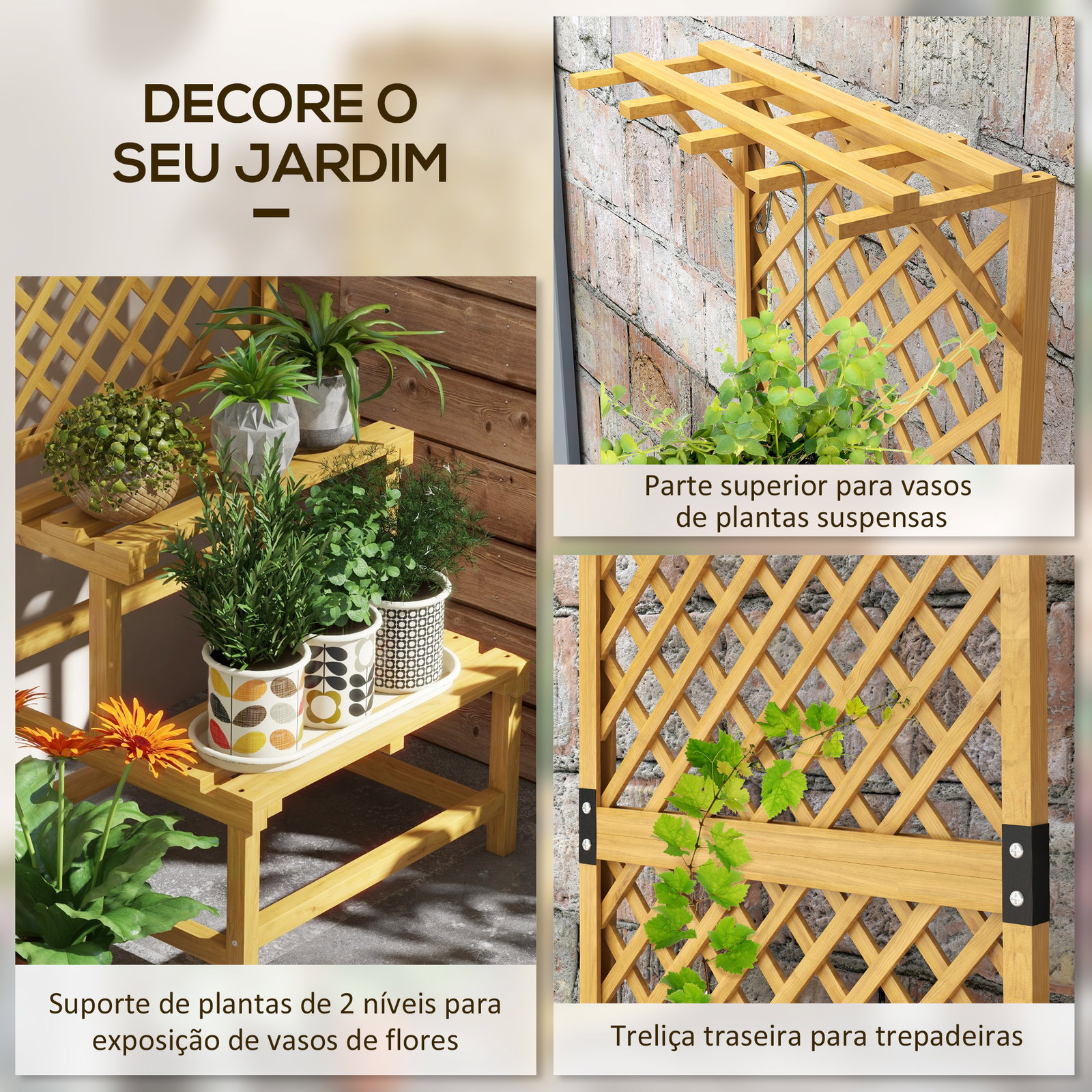 Suporte para plantas de madeira com treliça suporte para vasos de 2 níveis para jardim pátio 60x50x166 cm madeira