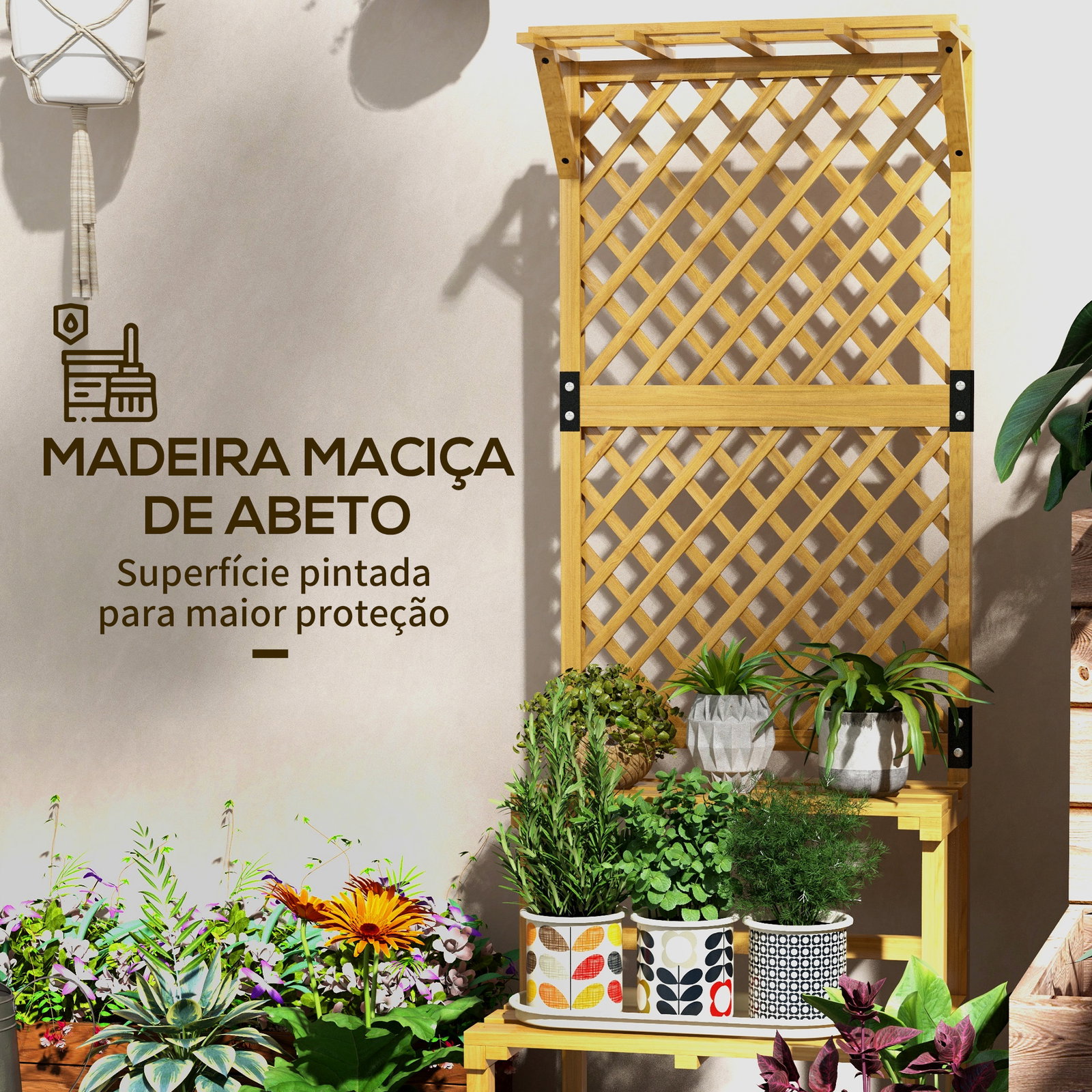 Suporte para plantas de madeira com treliça suporte para vasos de 2 níveis para jardim pátio 60x50x166 cm madeira