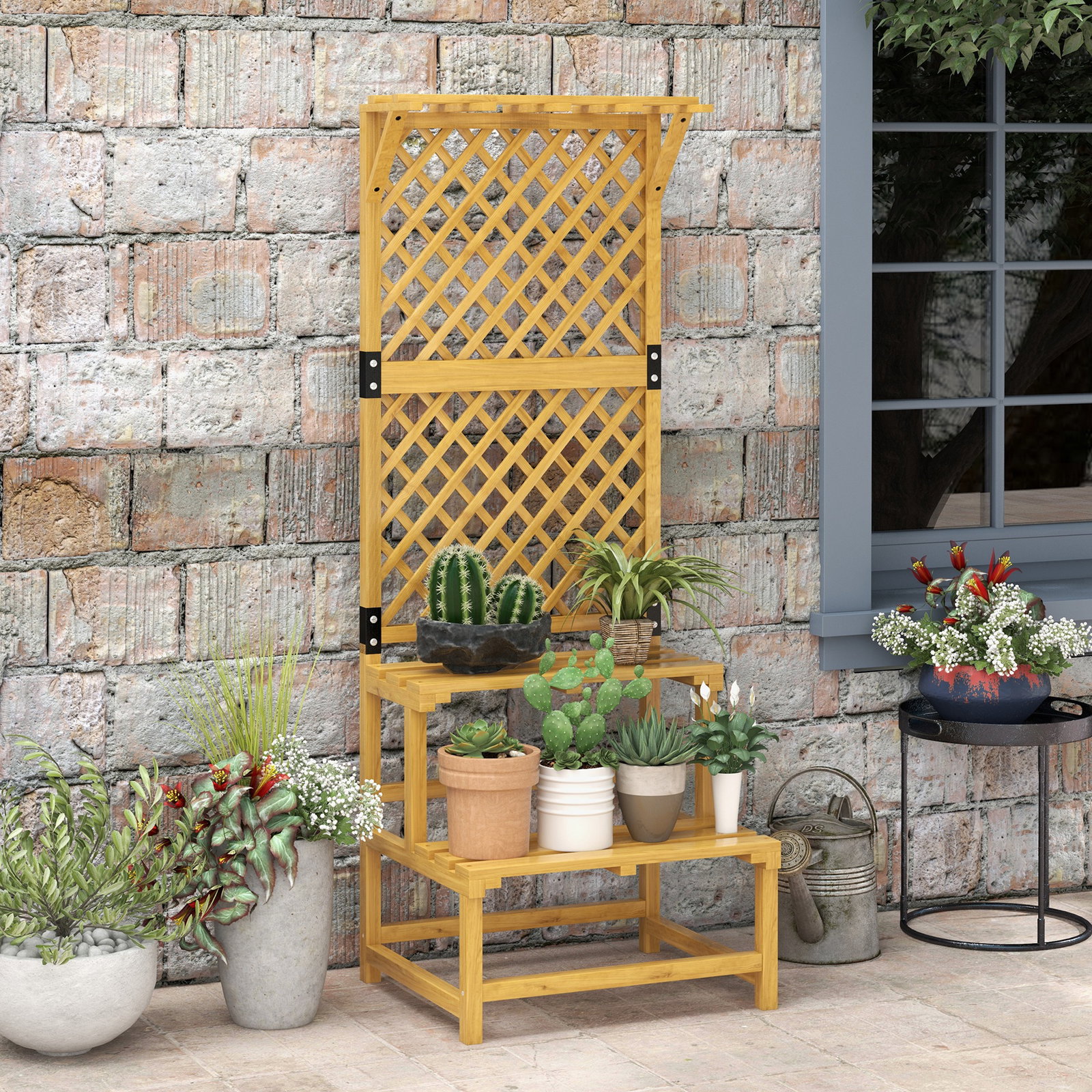 Suporte para plantas de madeira com treliça suporte para vasos de 2 níveis para jardim pátio 60x50x166 cm madeira