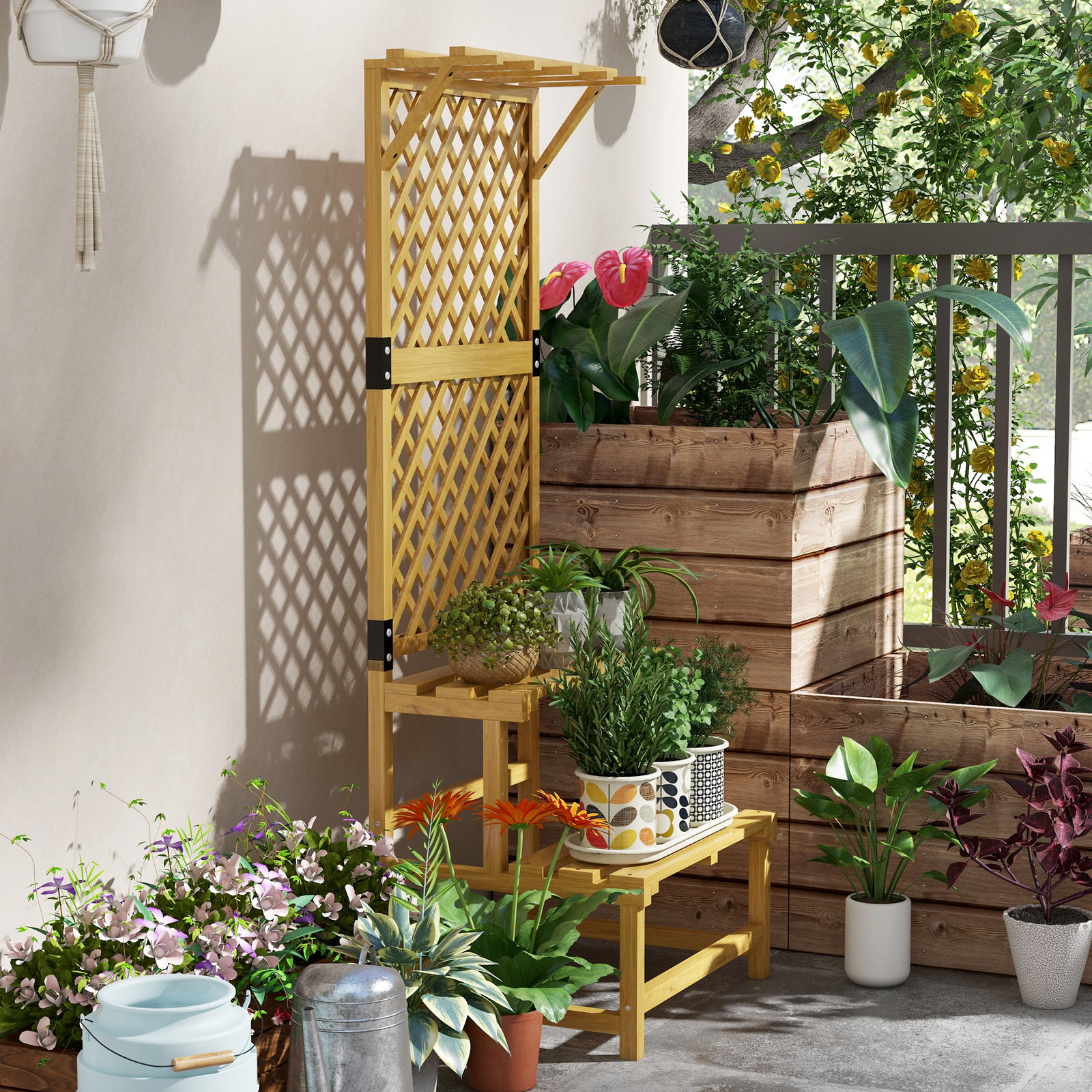 Suporte para plantas de madeira com treliça suporte para vasos de 2 níveis para jardim pátio 60x50x166 cm madeira