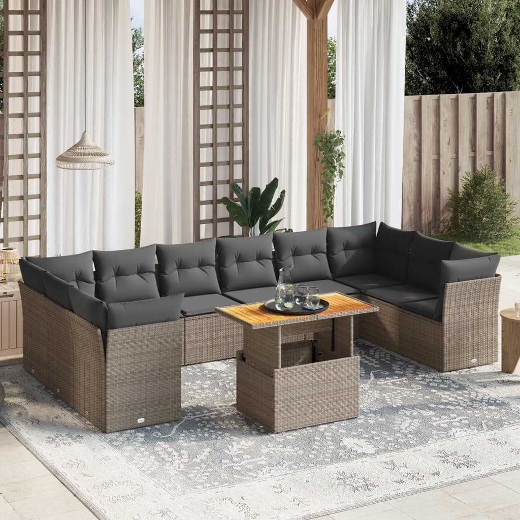 11 Pcs conjunto sofás de jardim c/ almofadões vime PE cinzento