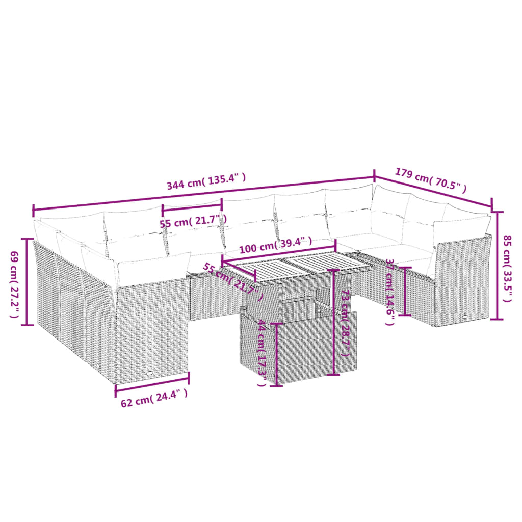 11 Pcs conjunto sofás de jardim c/ almofadões vime PE cinzento