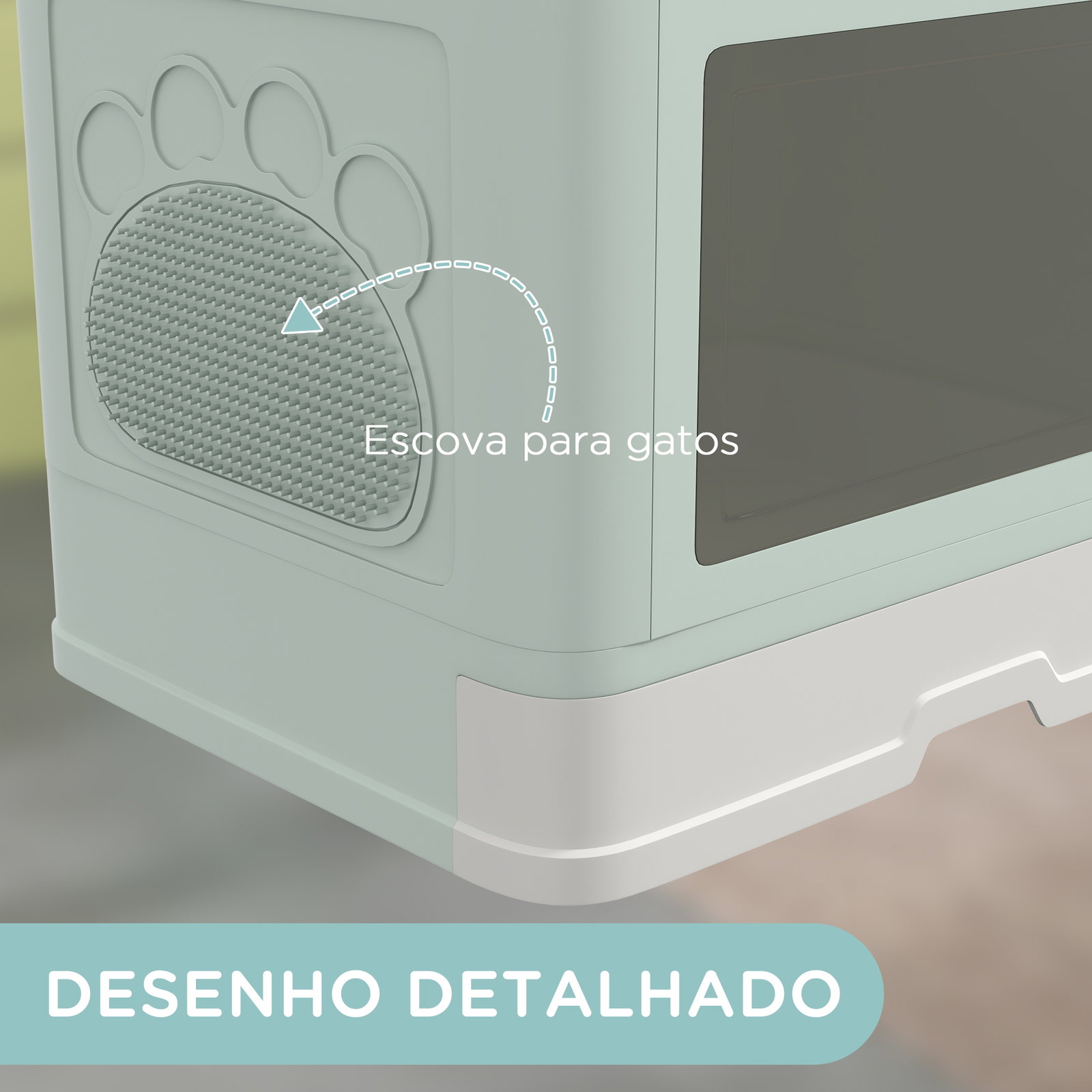 Caixa de areia para gatos amovível com pá escova 2 portas entrada principal e saída superior 48,5x38x36,5 cm verde claro