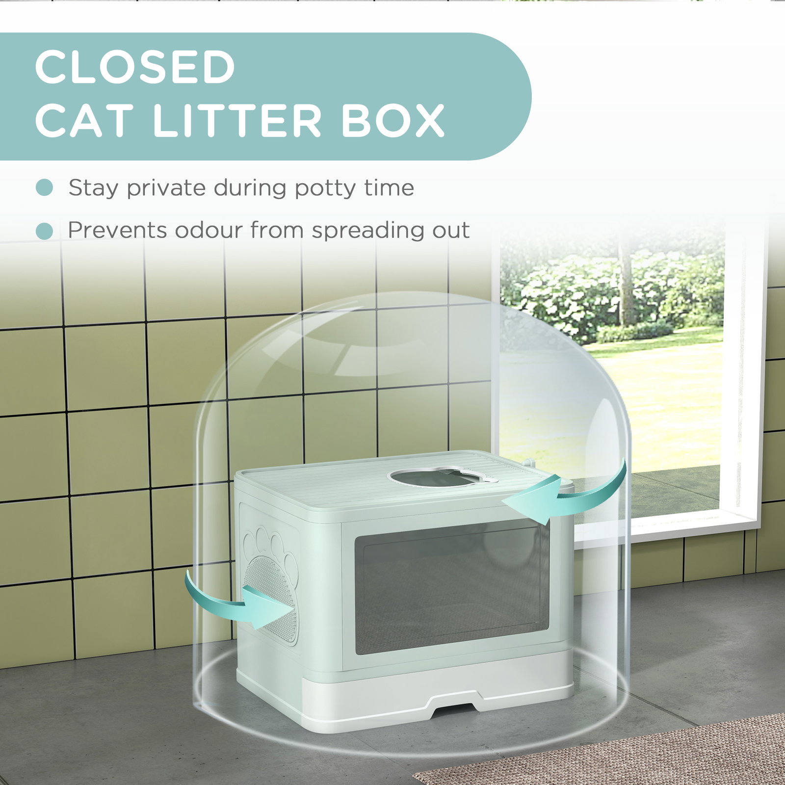 Caixa de areia para gatos amovível com pá escova 2 portas entrada principal e saída superior 48,5x38x36,5 cm verde claro