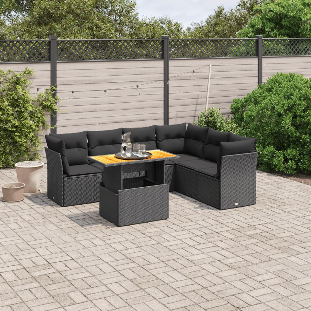 7 Pcs conjunto de sofás p/ jardim c/ almofadões vime PE preto