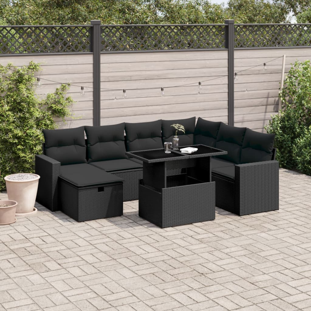 8 Pcs conjunto sofás de jardim com almofadões vime PE preto