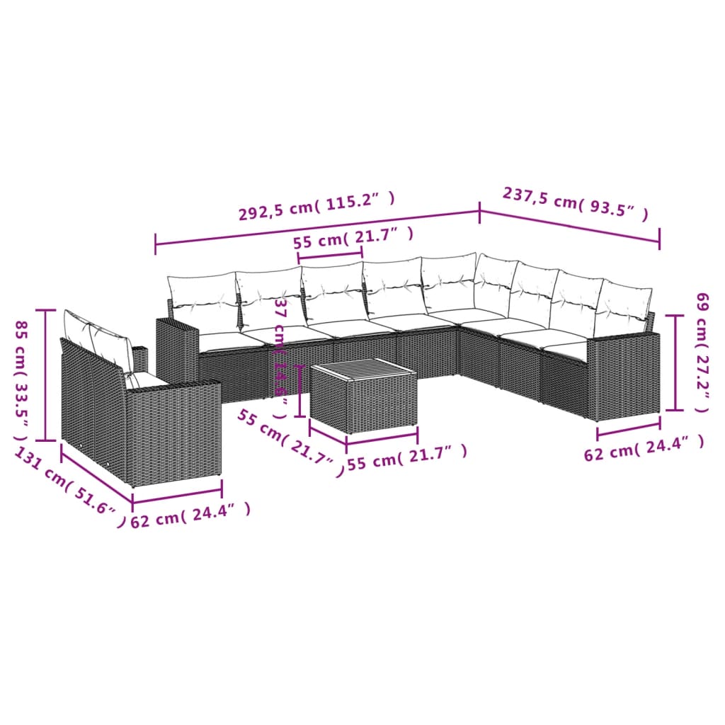 11 Pcs conjunto sofás de jardim c/ almofadões vime PE preto