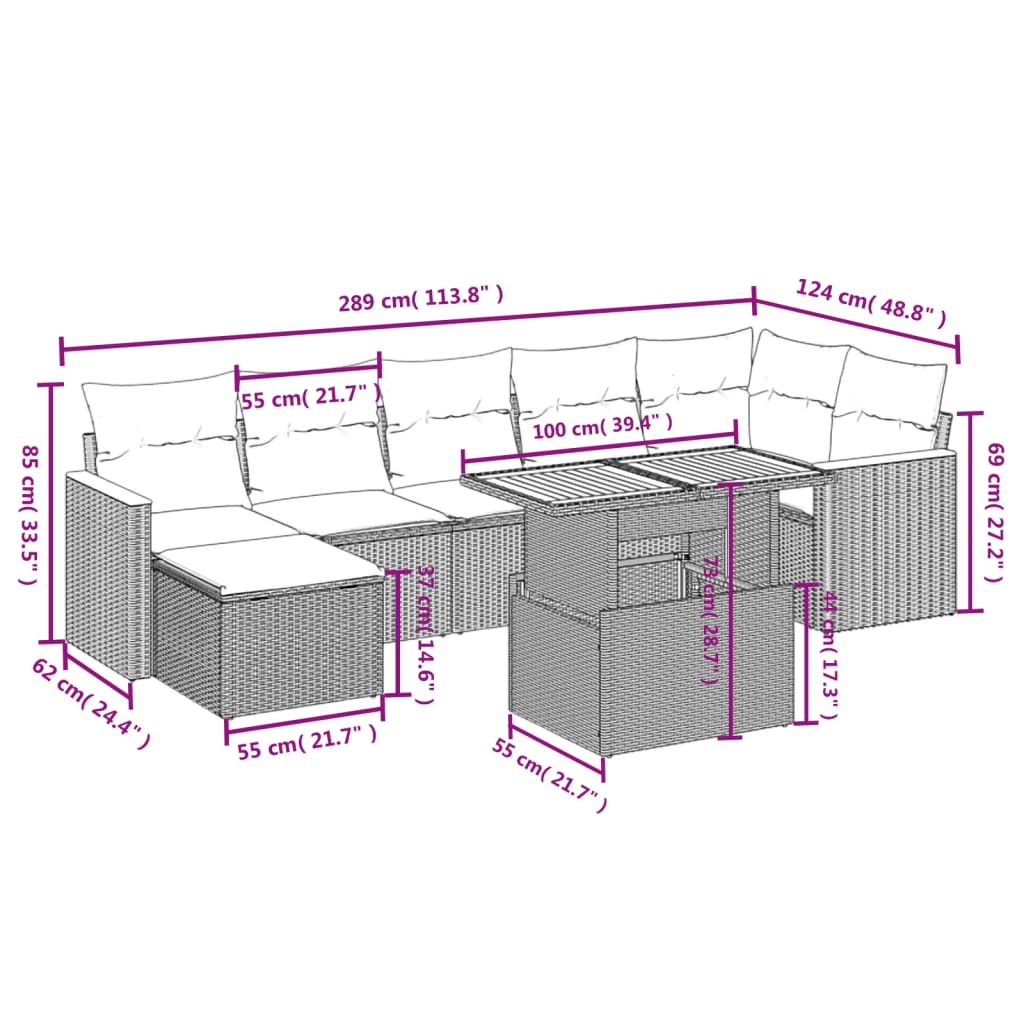 8 Pcs conjunto sofás de jardim c/ almofadões vime PE cinzento