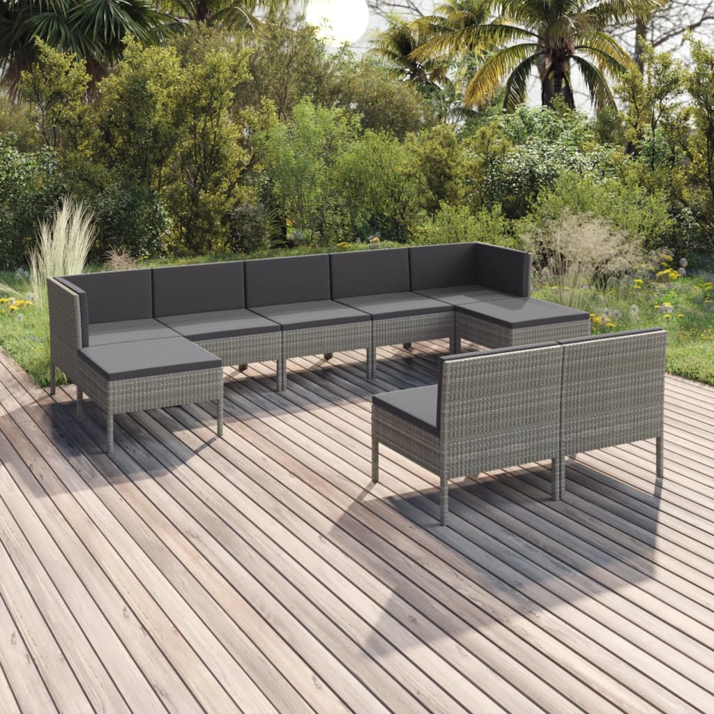 9 Pcs conjunto lounge de jardim c/ almofadões vime PE cinzento
